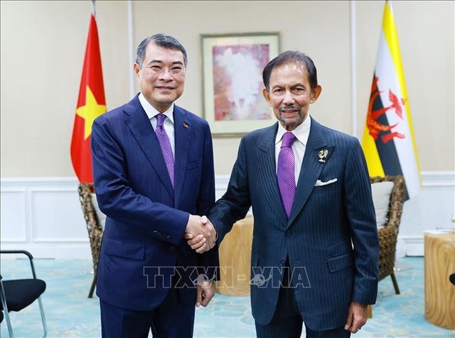 Thủ tướng Chính phủ Lê Minh Hưng và Quốc vương Brunei Haji Hassanal Bolkiah. Ảnh: VGP/Nhật Bắc