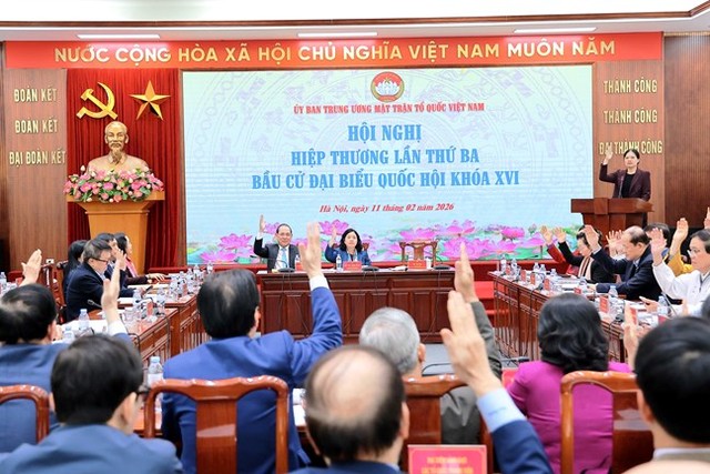 Đoàn Chủ tịch Ủy ban Trung ương Mặt trận Tổ quốc Việt Nam tổ chức Hội nghị hiệp thương lần thứ ba bầu cử đại biểu Quốc hội khoá XVI. Ảnh tư liệu tháng 2/2026. Đoàn Chủ tịch Ủy ban Trung ương Mặt trận Tổ quốc Việt Nam tổ chức Hội nghị hiệp thương lần thứ ba bầu cử đại biểu Quốc hội khoá XVI. Ảnh tư liệu tháng 2/2026.