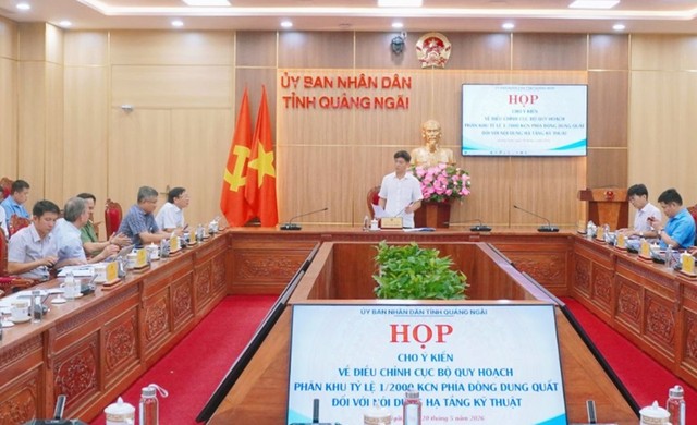 UBND tỉnh Quảng Ngãi họp cho ý kiến về điều chỉnh cục bộ quy hoạch phân khu tỷ lệ 1/2000 khu công nghiệp phía Đông Dung Quất đối với nội dung hạ tầng kỹ thuật diễn ra vào ngày 20/5.