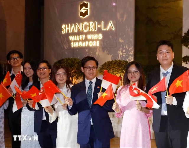 Cán bộ, nhân viên Đại sứ quán và cộng đồng người Việt Nam tại Singapore đón Tổng Bí thư, Chủ tịch nước Tô Lâm và Phu nhân. (Ảnh: Thống Nhất/TTXVN)