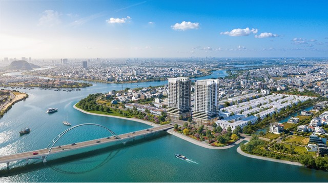 Phối cảnh tháp đôi S-Light Tower tại trung tâm Nam Đà Nẵng soi bóng sông Hàn. Ảnh: Sun Property.