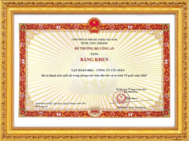 Bằng khen của Bộ Công An trao tặng Tập đoàn BRG tại Hội nghị tổng kết Phong trào Bảo vệ An ninh Tổ quốc năm 2025