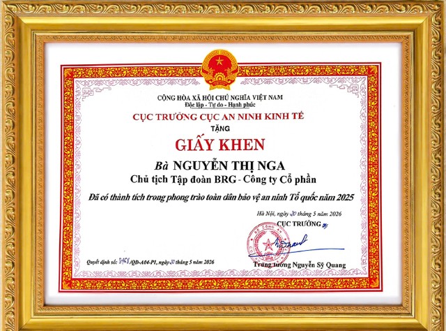 Giấy khen Madame Nguyễn Thị Nga - Chủ tịch Tập đoàn BRG, từ Cục An ninh Kinh tế - Bộ Công an