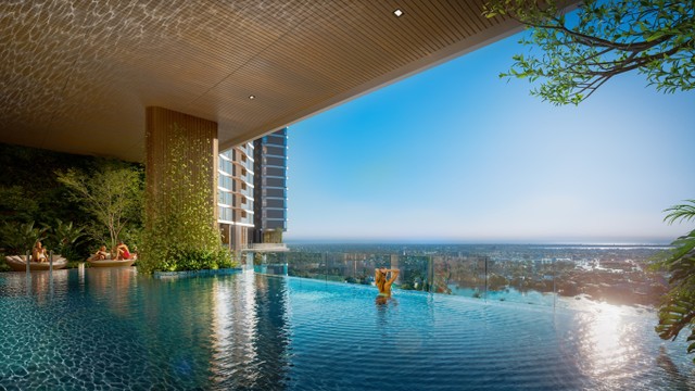 Hồ bơi vô cực trên không dài 18 m kết hợp bể Jacuzzi. Ảnh: Hướng Việt Properties.