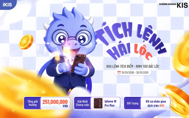 Chương trình “Tích lệnh hái lộc” của KIS có tổng giá trị giải thưởng 251 triệu đồng, với giải Nhất chung cuộc là iPhone 18 Pro Max. Chương trình “Tích lệnh hái lộc” của KIS có tổng giá trị giải thưởng 251 triệu đồng, với giải Nhất chung cuộc là iPhone 18 Pro Max.