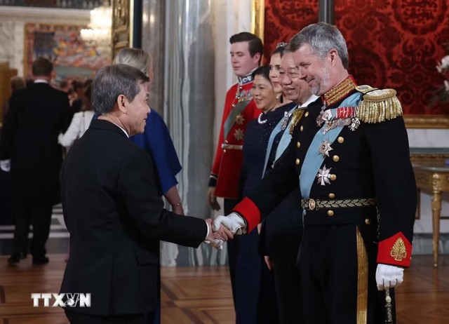 Tổng Bí thư, Chủ tịch nước Tô Lâm và Phu nhân Ngô Phương Ly cùng Nhà Vua Vương quốc Đan Mạch Frederik X, Hoàng hậu Mary và Thái tử Christian với các đại biểu dự chiêu đãi. (Ảnh: Thống Nhất/TTXVN)