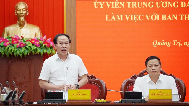 Phó Thủ tướng Chính phủ Lê Tiến Châu làm việc với Ban Thường vụ Tỉnh ủy Quảng Trị. Ảnh: Hồng Mến Phó Thủ tướng Chính phủ Lê Tiến Châu làm việc với Ban Thường vụ Tỉnh ủy Quảng Trị. Ảnh: Hồng Mến