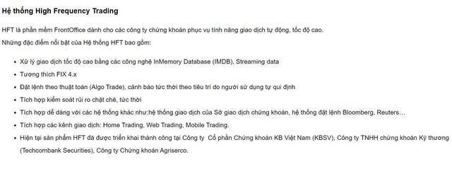 FSS cung cấp sản phẩm HFT cho các CTCK, phục vụ tính năng giao dịch tự động, tốc độ cao.