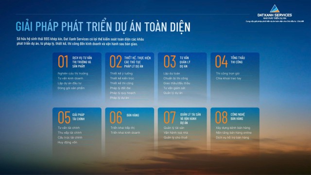 Dat Xanh Services cung cấp giải pháp phát triển dự án toàn diện cho Chủ Đầu tư – Chủ đất với 8 gói dịch vụ tích hợp trọn gói