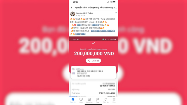 Hình ảnh biên lai gửi tiền giả và chào mời người vay trên mạng internet của Võ Minh Thành.