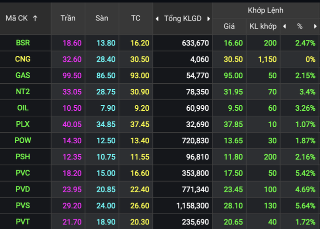 Cổ phiếu dầu khí trong phiên giao dịch sáng 19/5.