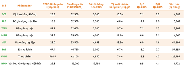 Nhà đầu tư có thể tham khảo thêm danh mục các mã có thanh khoản tối thiểu 10 tỷ đồng/phiên, tỷ suất cổ tức ~ 5% trở lên – mức sinh lời khá cao so với lãi suất tiết kiệm, P/E hiện tại dao động trong mức 5–11 lần, hấp dẫn cho chiến lược đầu tư giá trị (Nguồn: Mirae Asset).
