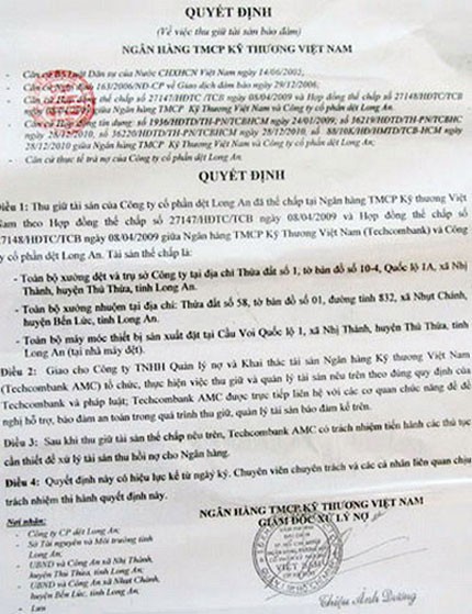 Techcombank thu giữ tài sản của Dệt Long An ảnh 1