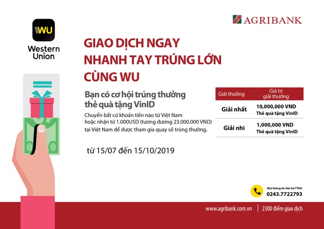Agribank triển khai chương trình “Giao dịch ngay – Nhanh tay trúng lớn cùng WU”