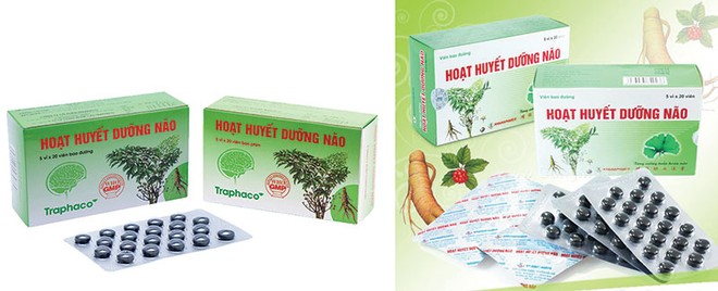 Sản phẩm Hoạt huyết dưỡng não của Traphaco (bên trái) và viên bao đường Hoạt huyết dưỡng não của Công ty Khải Hà (bên phải)