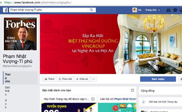 Ảnh chụp màn hình một facbook giả mạo ông Phạm Nhật Vượng