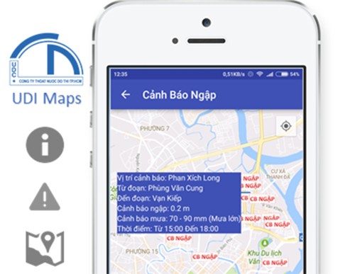 Thông tin cảnh báo ngập trên ứng dụng.