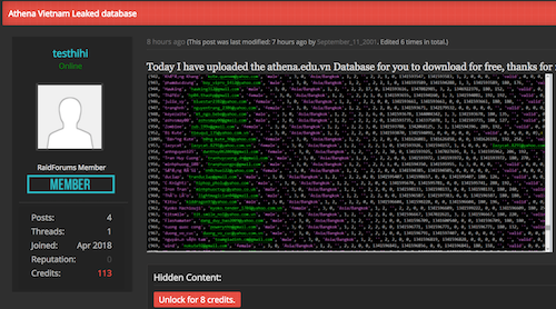 Dữ liệu của Trung tâm An ninh mạng Athena bị hack từ 2016 nhưng mới được chia sẻ công khai.
