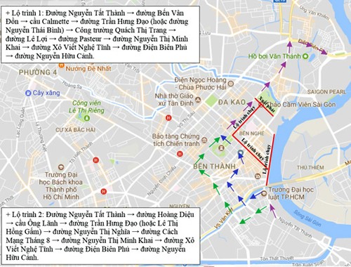 Lộ trình thay thế đi từ quận 4 sang Bình Thạnh. 