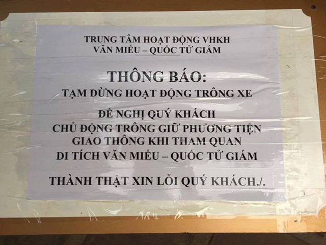 Thông báo tạm dừng hoạt động trông xe.