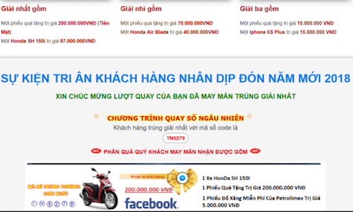 Người dùng nhận được thông báo trúng giải quay số may mắn, sau đó được yêu cầu cung cấp thông tin cá nhân.