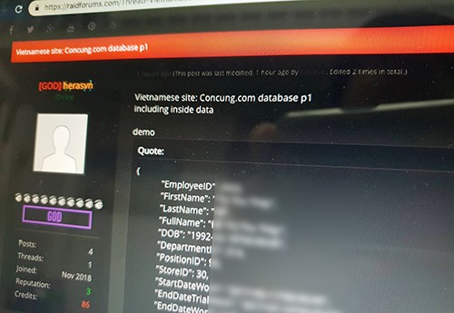 Dữ liệu hacker đăng tải được cho là của một số nhân viên Concung.
