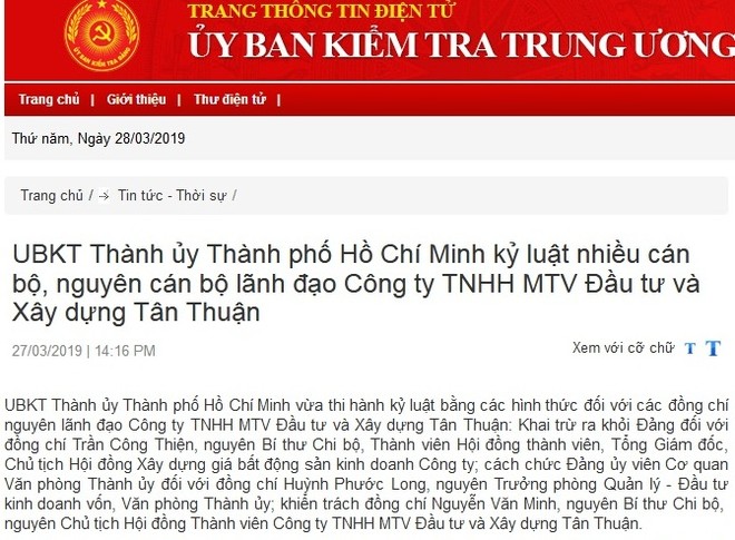 Ủy ban Kiểm tra Thành ủy TP.HCM, UBKT Tỉnh ủy Long An thi hành kỷ luật cán bộ