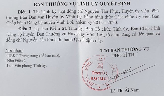 Quyết định kỷ luật Đảng đối với ông Phục.