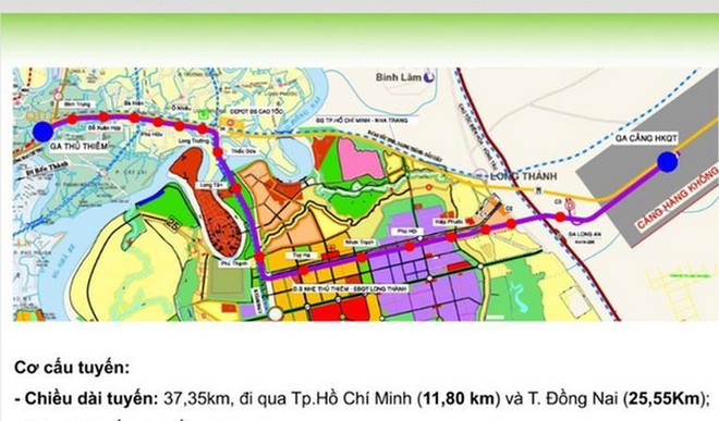 Sơ đồ tuyến đường sắt Thủ Thiêm-Long Thành có chiều dài gần 37,5km. (Ảnh: H.M).