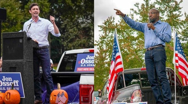 Ứng viên đảng Dân chủ Jon Ossoff và Raphael Warnock trong cuộc bầu cử Thượng viện ở Georgia. Ảnh: AFP