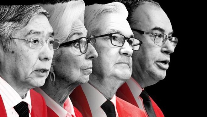 Các lãnh đạo ngân hàng trung ương: Haruhiko Kuroda, Christine Lagarde, Jerome Powell và Andrew Bailey