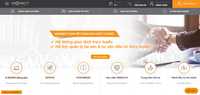 Trên website, VNDIRECT thông báo cam kết đảm bảo chất lượng hệ thống giao dịch và dịch vụ hỗ trợ trực tuyến