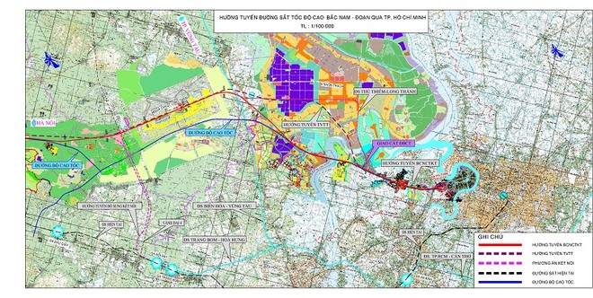 Phương án hướng tuyến đường sắt tốc độ cao qua TP.HCM.