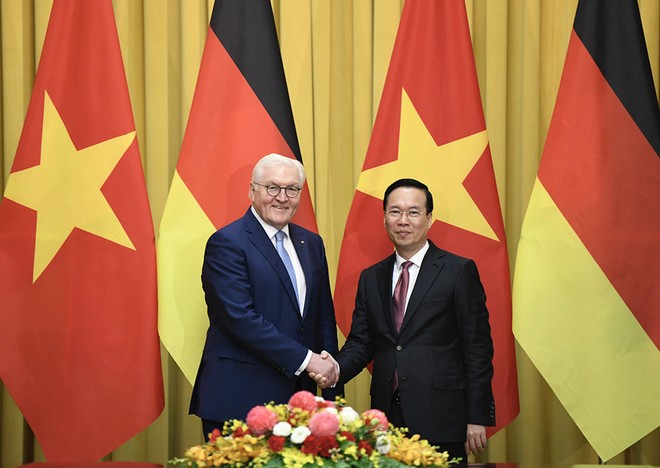 Chủ tịch nước Võ Văn Thưởng đón và hội đàm với Tổng thống Đức Frank-Walter Steinmeier. (Ảnh: Đức Thanh)