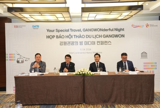 Họp báo giới thiệu Hội thảo Du lịch Tỉnh tự trị Đặc biệt Gangwon, diễn ra tối 11/4/2024.