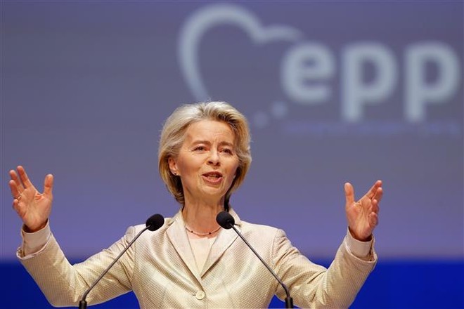 Chủ tịch Ủy ban châu Âu (EC) Ursula von der Leyen phát biểu tại Bucharest, Romania ngày 7/3/2024. Ảnh: THX/TTXVN