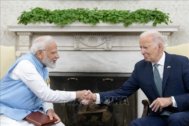 Tổng thống Mỹ Joe Biden (phải) hội đàm với Thủ tướng Ấn Độ Narendra Modi tại Nhà Trắng, Washington, DC ngày 22/6/2023. Ảnh tư liệu: AFP/TTXVN