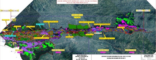 Bản đồ hướng tuyến đường sắt Lào Cai - Hà Nội - Hải Phòng đoạn qua tỉnh Lào Cai. 