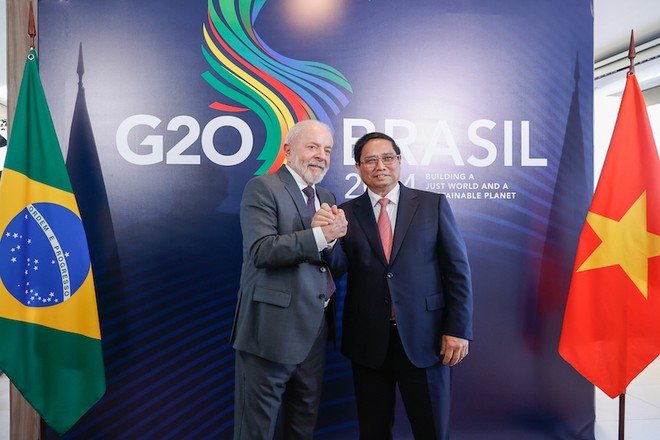 Thủ tướng Chính phủ Phạm Minh Chính và Tổng thống Brazil Luiz Inácio Lula da Silva trước hội đàm bên lề Hội nghị thượng đỉnh G20. Ảnh: Nhật Bắc 