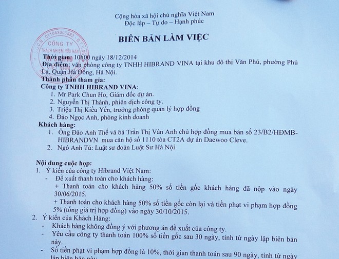 Văn bản làm việc giữa chủ đầu tư Deawoo Cleve với khách hàng