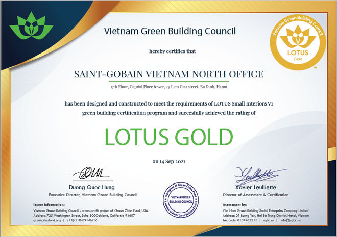 Văn phòng Saint-Gobain Việt Nam đạt chứng nhận Công trình Xanh LOTUS Gold 