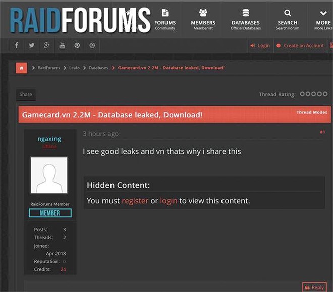 Trang Raidforums rao bán dữ liệu khách hàng của gamecard.vn