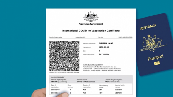 Mẫu giấy chứng nhận tiêm chủng quốc tế do chính phủ Australia cấp. (Nguồn: ABC News).