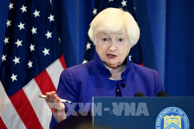 Bộ trưởng Tài chính Mỹ Janet Yellen trong cuộc họp báo tại San Francisco. (Ảnh: Kyodo/TTXVN)