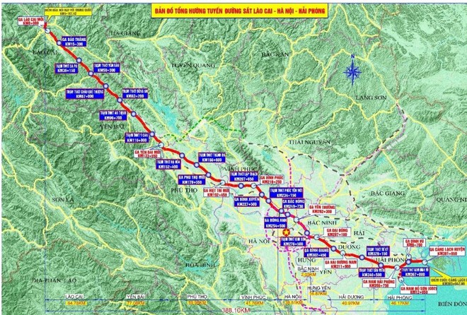 Bản đồ tổng thể hướng tuyến đường sắt Lào Cai - Hà Nội - Hải Phòng.