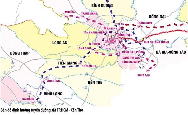 Bản đồ hướng tuyến đường sắt TP.HCM - Cần Thơ.