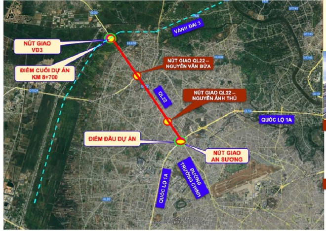 Sơ đồ hướng tuyến Dự án nâng cấp, mở rộng Quốc lộ 22 từ nút giao An Sương đến đường Vành đai 3