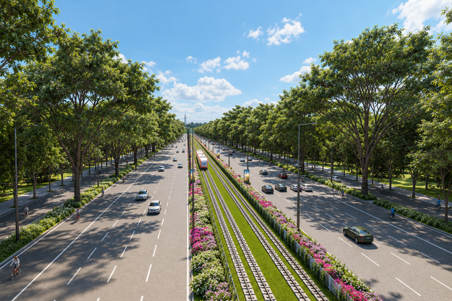 Phối cảnh trục ĐT975 với 10 làn xe và tuyến LRT kết nối sân bay tới Trung tâm hội nghị APEC.