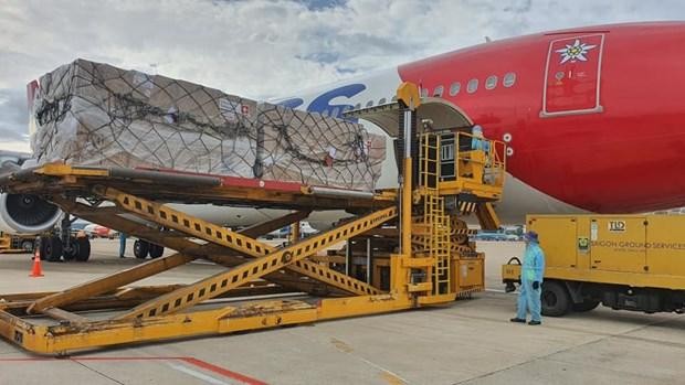 Lô hàng viện trợ từ Thụy Sỹ. (Ảnh: PV/Vietnam+).