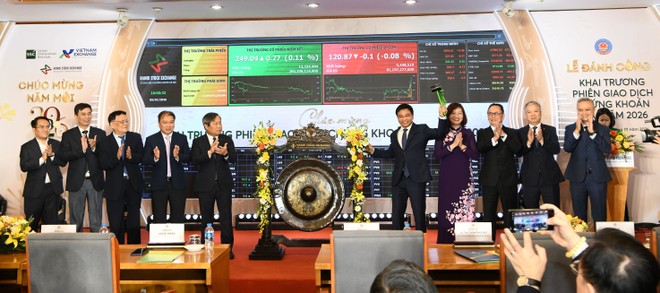 Lễ đánh cồng khai trương phiên giao dịch chứng khoán đầu năm 2026 được tổ chức tại Sở Giao dịch Chứng khoán Hà Nội